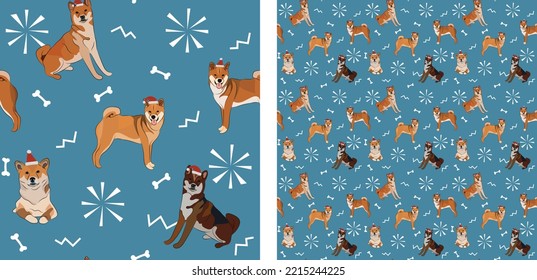 Seamless dog pattern, winter Christmas texture. Square format, t-shirt, poster, packaging, textile, socks, textile, fabric, decoration, wrapping paper. Trendy hand-drawn inu dogs, shiba breed.