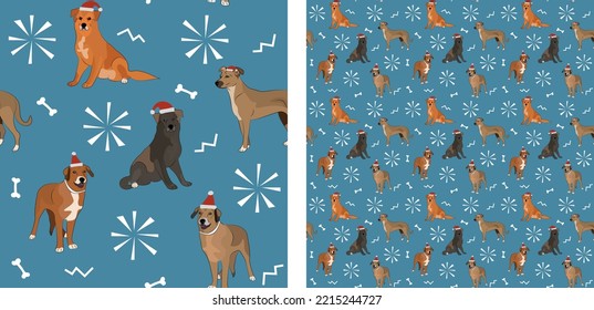 Seamless dog pattern, winter Christmas texture. Square format, t-shirt, poster, packaging, textile, socks, textile, fabric, decoration, wrapping paper. Trendy hand-drawn mongrel dogs, mutt breed.