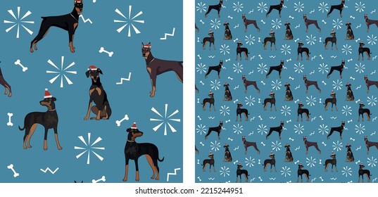 Seamless dog pattern, winter Christmas texture. Square format, t-shirt, poster, packaging, textile, socks, textile, fabric, decoration, wrapping paper. Trendy hand-drawn Pinscher dogs, Doberman  breed