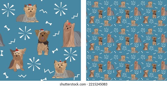 Seamless dog pattern, winter Christmas texture. Square format, t-shirt, poster, packaging, textile, socks, textile, fabric, decoration, wrapping paper. Trendy hand-drawn Yorkshire Terrier dog breed.