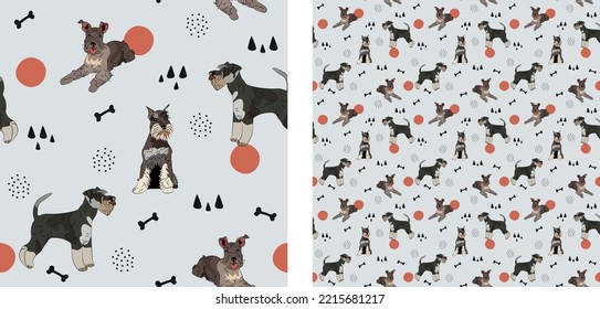 Seamless dog pattern, winter Christmas texture. Square format, t-shirt, poster, packaging, textile, socks, textile, fabric, decoration, wrapping paper. Trendy hand-drawn Miniature Schnauzer dog breed.