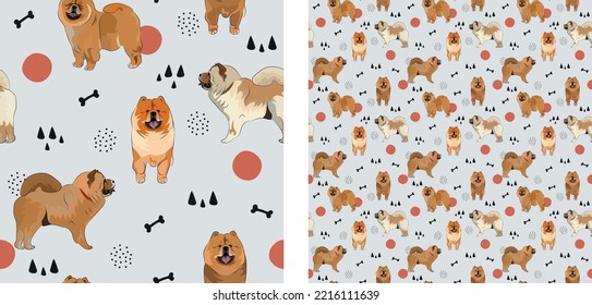 Seamless dog pattern, winter Christmas texture. Square format, t-shirt, poster, packaging, textile, socks, textile, fabric, decoration, wrapping paper. Trendy hand-drawn Chow Chow dog breed.