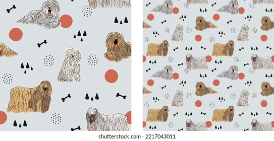 Seamless dog pattern, winter Christmas texture. Square format, t-shirt, poster, packaging, textile, socks, textile, fabric, decoration, wrapping paper. Trendy hand-drawn Komondor dog breed.