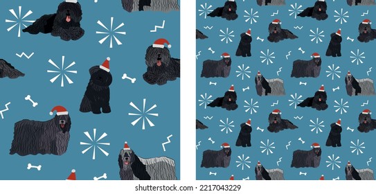 Seamless dog pattern, winter Christmas texture. Square format, t-shirt, poster, packaging, textile, socks, textile, fabric, decoration, wrapping paper. Trendy hand-drawn Puli dog breed.