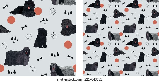 Seamless dog pattern, winter Christmas texture. Square format, t-shirt, poster, packaging, textile, socks, textile, fabric, decoration, wrapping paper. Trendy hand-drawn Puli dog breed.