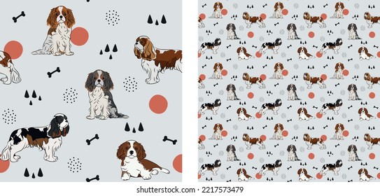 Seamless dog pattern, winter Christmas texture. Square format, t-shirt, poster, packaging, textile, socks, textile, fabric, decoration, wrapping paper. Trendy hand-drawn Cavalier King Charles Spaniel.