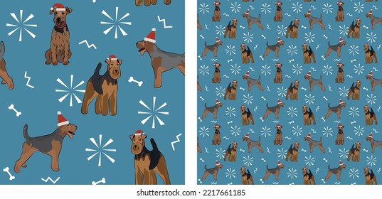 Seamless dog pattern, winter Christmas texture. Square format, t-shirt, poster, packaging, textile, socks, textile, fabric, decoration, wrapping paper. Trendy hand-drawn WT, Welsh terrier wallpaper.