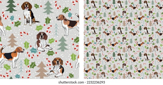 Seamless dog pattern, winter Happy Christmas texture. Square format, t-shirt, poster, packaging, textile, socks, textile, fabric, decoration, wrapping paper. Trendy hand-drawn beagle dog breed.