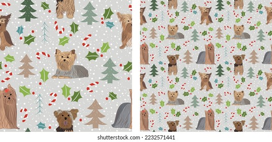 Seamless dog pattern, winter Happy Christmas texture. Square format, t-shirt, poster, packaging, textile, socks, textile, fabric, decoration, wrapping paper. Trendy hand-drawn Yorkshire terrier dog.