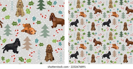 Seamless dog pattern, winter Happy Christmas texture. Square format, t-shirt, poster, packaging, textile, socks, textile, fabric, decoration, wrapping paper. Trendy hand-drawn 
spaniel dog breed.