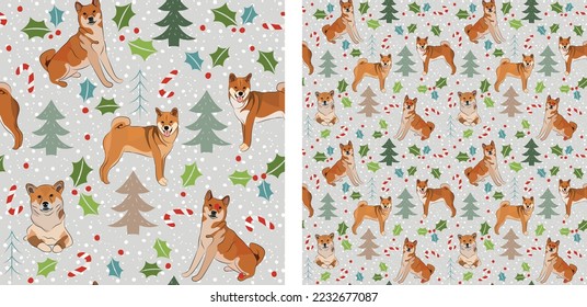 Seamless dog pattern, winter Happy Christmas texture. Square format, t-shirt, poster, packaging, textile, socks, textile, fabric, decoration, wrapping paper. Trendy hand-drawn  Shiba Inu dog breed.