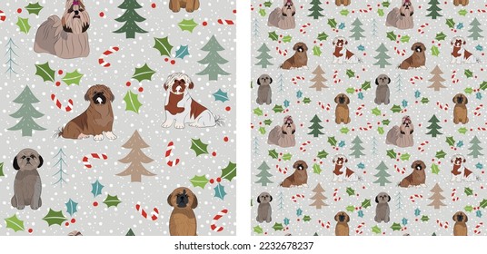 Seamless dog pattern, winter Happy Christmas texture. Square format, t-shirt, poster, packaging, textile, socks, textile, fabric, decoration, wrapping paper. Trendy hand-drawn  Shih Tzu dog breed.