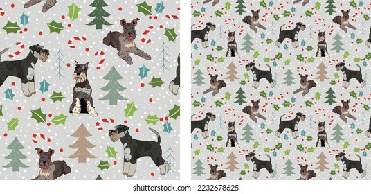 Seamless dog pattern, winter Happy Christmas texture. Square format, t-shirt, poster, packaging, textile, socks, textile, fabric, decoration, wrapping paper. Trendy hand-drawn  Schnauzer dog breed.