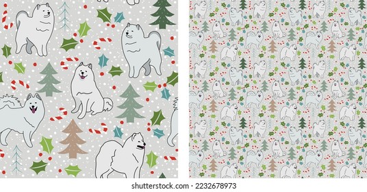 Seamless dog pattern, winter Happy Christmas texture. Square format, t-shirt, poster, packaging, textile, socks, textile, fabric, decoration, wrapping paper. Trendy hand-drawn  Samoyed dog breed.