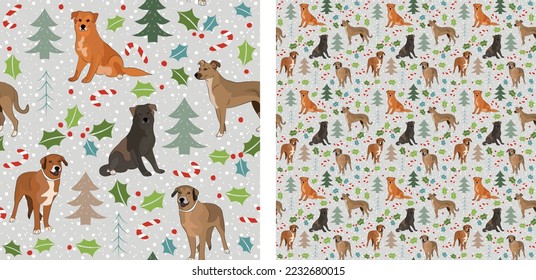 Seamless dog pattern, winter Happy Christmas texture. Square format, t-shirt, poster, packaging, textile, socks, textile, fabric, decoration, wrapping paper. Trendy hand-drawn  Mutt dog breed.