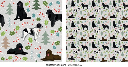 Seamless dog pattern, winter Happy Christmas texture. Square format, t-shirt, poster, packaging, textile, socks, textile, fabric, decoration, wrapping paper. Trendy hand-drawn  Newfoundland dog breed.