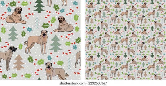 Nahtlose Hundemuster, Winter Frohe Weihnachtsstruktur. Viereckiges Format, T-Shirt, Poster, Verpackung, Textilien, Socken, Textilien, Stoff, Dekoration, Umhüllungspapier. Trendy handgezeichnet Kangal Hund Rasse.