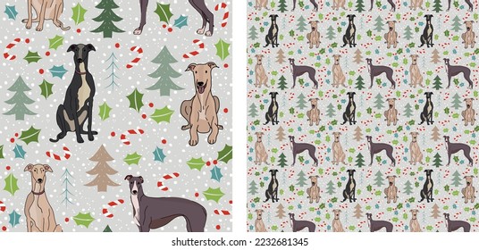 Seamless dog pattern, winter Happy Christmas texture. Square format, t-shirt, poster, packaging, textile, socks, textile, fabric, decoration, wrapping paper. Trendy hand-drawn  Greyhound dog breed.