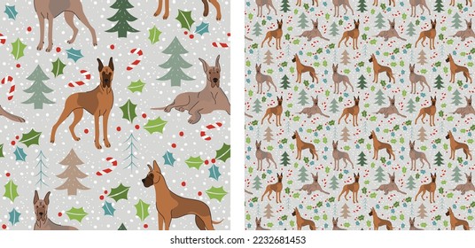 Seamless dog pattern, winter Happy Christmas texture. Square format, t-shirt, poster, packaging, textile, socks, textile, fabric, decoration, wrapping paper. Trendy hand-drawn  Great Dane dog breed.