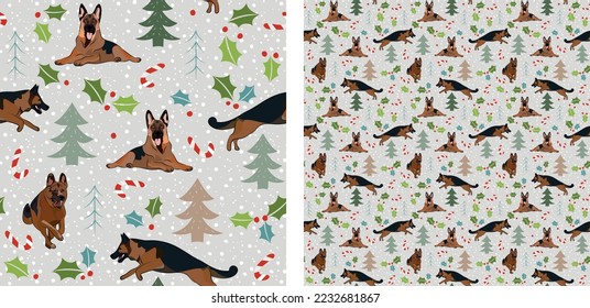 Seamless dog pattern, winter Happy Christmas texture. Square format, t-shirt, poster, packaging, textile, socks, textile, fabric, decoration, wrapping paper. Trendy hand-drawn  German Shepherd dog.