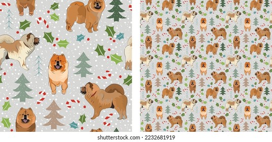 Seamless dog pattern, winter Happy Christmas texture. Square format, t-shirt, poster, packaging, textile, socks, textile, fabric, decoration, wrapping paper. Trendy hand-drawn  chow chow dog breed.