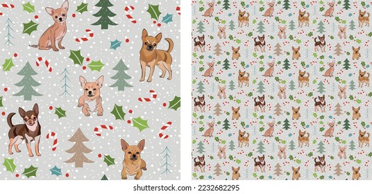 Nahtlose Hundemuster, Winter Frohe Weihnachtsstruktur. Viereckiges Format, T-Shirt, Poster, Verpackung, Textilien, Socken, Textilien, Stoff, Dekoration, Umhüllungspapier. Trendy handgezeichnet Chihuahua Hunde Rasse.