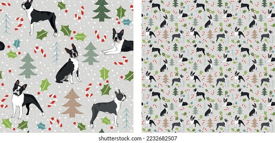 Seamless dog pattern, winter Happy Christmas texture.Square format, t-shirt, poster, packaging, textile, socks, textile, fabric, decoration, wrapping paper.Trendy hand-drawn  Boston Terrier dog breed.