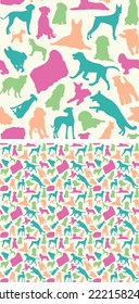 Seamless dog pattern,holiday texture. Boxer,lab, spaniel, terrier Silhouettes, packaging, textile, textile, fabric, decoration, wrapping paper. Trendy hand-drawn different breeds wallpaper. Many dogs.