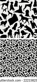 Seamless dog pattern,holiday texture. Boxer,lab, spaniel, terrier Silhouettes, packaging, textile, textile, fabric, decoration, wrapping paper. Trendy hand-drawn different breeds wallpaper. Many dogs.