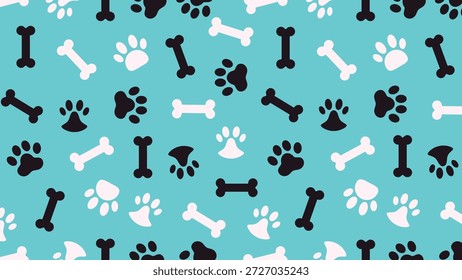 Vector de pata de perro y patrón de hueso sin costuras sobre fondo turquesa para la marca y el Fondo de pantalla de la tienda de mascotas