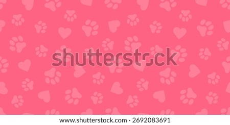 Seamless Dog Paw and Heart Pattern – Dark Pink Background with Light Pink Paw Prints and Hearts, Vector Illustration