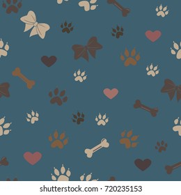 Seamless Dog Paw Pattern with hearts. Vector Illustration