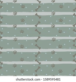 Seamless Dog Paw Pattern with stripes on blue. Vector Illustration