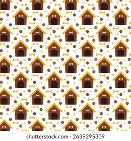 Seamless doghouse pattern with bone and ball. Pet pattern background. Domestic dog house