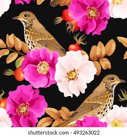 Seamless dog-rose and bird