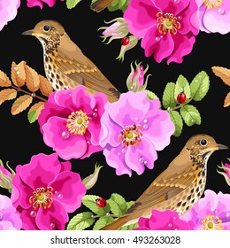 Seamless dog-rose and bird