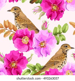Seamless dog-rose and bird