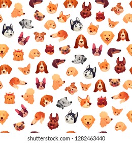 Seamless dogs faces. Funny dog face, puppy pet head and animals group. Retriever, chihuahua and dachshund faces portrait cartoon wrapping vector background pattern