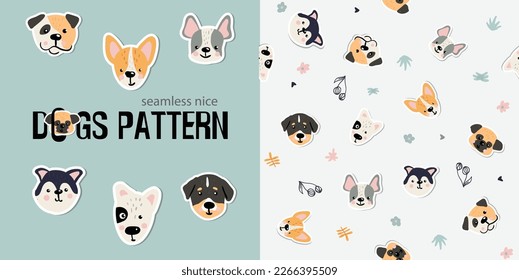 Seamless dogs pattern. Popular breed of dogs. Simply illustration for kids in scandinavian style.