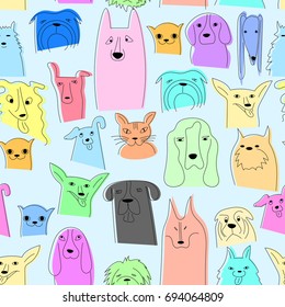 Seamless dogs pattern. Vector illustration. Sketch. Dogs and cat.