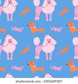 Seamless dogs pattern.Poodle and dachshund on  blue background.Endless vector ornament.