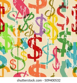 Seamless Dollar Sign Background Pattern, Grungy Vector