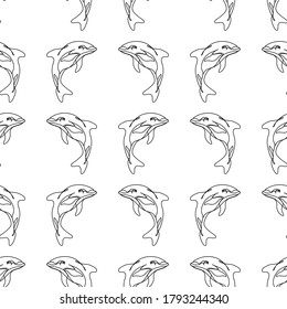 Seamless dolphin one line in cartoon style. Minimal summer concept. Logo illustration. Linear logo. Sea ocean.