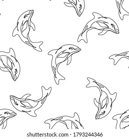 Seamless dolphin one line in cartoon style. Minimal summer concept. Logo illustration. Linear logo. Sea ocean.