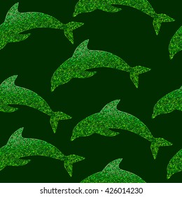 Seamless dolphin pattern. Creative simple minimalistic vector illustration. Dark green background.