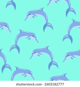 Seamless dolphin pattern on turquoise background.Vector pattern for textiles, backgrounds, and summer designs.
