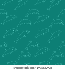 Seamless dolphin pattern, vector illustration, hand drawn, green color