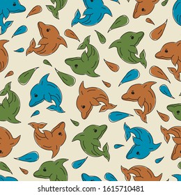 Seamless Dolphin Pattern with vintage color, Cute trendy design for fabric or wallpaper, vector