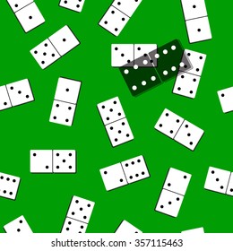 Seamless dominoes pattern on green background. White dominoes with black dots. Vector illustration