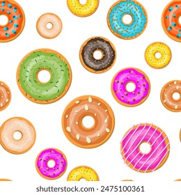 Nahtloses Donut Cake Set Muster. Donut in glasierte Kollektion. Süßer Zucker, Eisessig Dessert. Vektorillustration im flachen Stil